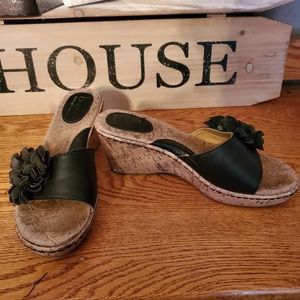 b.o.c. Born Black Leather Floral Wedge Sandals